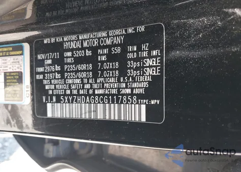 2012 Hyundai Santa Fe Se z USA, uszkodzony, nr VIN 5XYZHDAG8CG117858